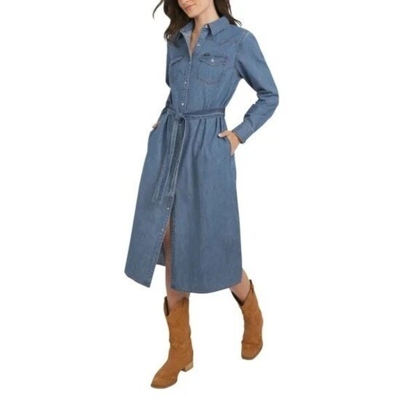 Wrangler Women's L Chambray Shirt Dress With Belt Button-Down Long Sleeves L1226 - Picture 2 of 11